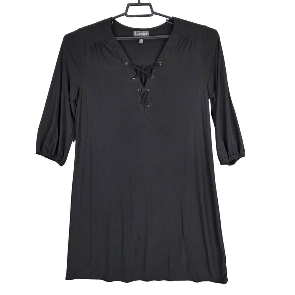 Womens Luxology Black Tunic Dress Lace-Up Neckline 3/4 Sleeve Polyester Size 12